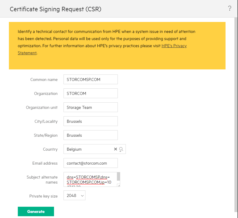 SP Certificate Signing Request information